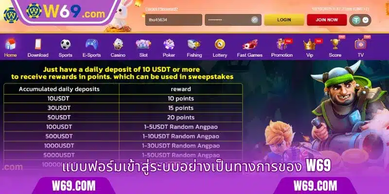 แบบฟอร์มเข้าสู่ระบบอย่างเป็นทางการของ W69